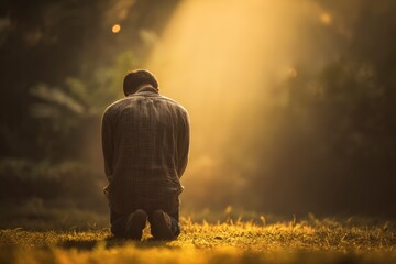 Peaceful Prayer – Man Expressing Faith in Nature’s Light.