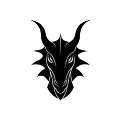 Black silhouette of a dragon head facing on transparent background