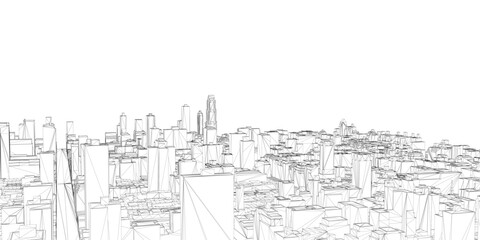 Black and white wireframe cityscape with sketch-style buildings creates a bustling urban landscape against a clean white background.