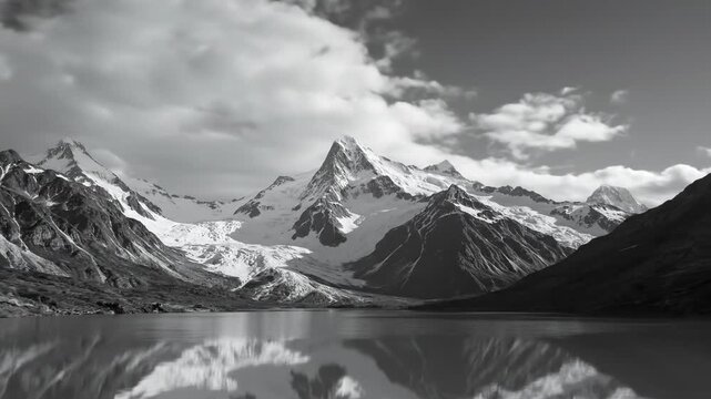 Monochrome Mountain Landscape with Lake - A stunning black and white landscape features a majestic mountain range reflected in a serene lake.