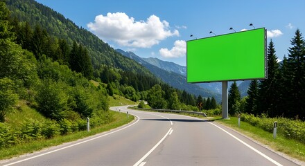 Billboard by the Road: An eye-level, wide shot of a billboard along a winding road, offering prime advertising real estate amidst scenic mountain range and lush forests.