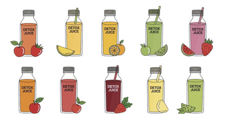 Collection of colorful detox juice bottles with fresh fruits.