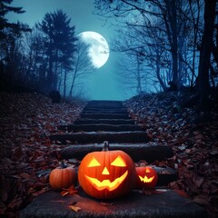 Halloween Night Scene with Jack-o'-Lanterns