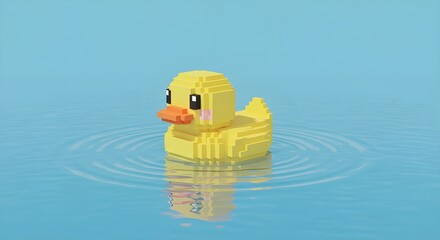 Pixelated Duckling's Serene Swim: A charming, pixelated yellow duckling bobs gracefully on calm water, its simple form conveying a sense of peace and tranquility. 