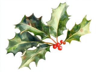 Vibrant Green Holly Leaf Depicted in Watercolor Medium Isolated on Plain White Background for Seasonal Use