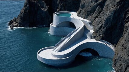 Luxury modern cliffside architecture with an infinity pool overlooking the deep blue ocean. Unique minimalist design integrated into rugged coastal rocks.