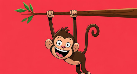 Happy monkey swinging from a tree branch in the jungle, showcasing playful energy and a cheerful mood.