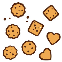 An illustration of various cookie shapes, including circles, squares, and hearts, with chocolate chips on a white background.