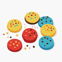 A colorful assortment of illustrated cookies with sprinkles and chocolate chips on a white background.