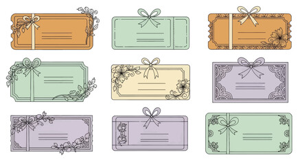 Collection of elegant gift tags and voucher templates with floral decorations and bows.