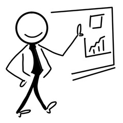 Stick figure presenting positive business growth on whiteboard, ideal for illustrating success, simplicity, and clear communication in corporate presentations