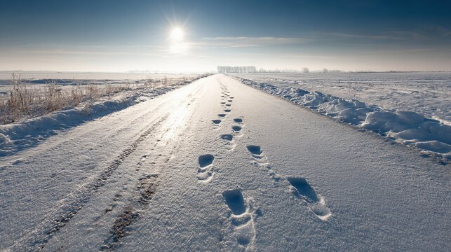 Snowy road w/ footprints leading to horizon under bright sun, winter landscape