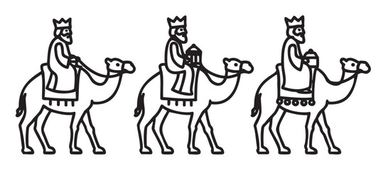 Three robed figures wearing crowns ride on camels, each holding a gift, depicted in a simple black outline style.