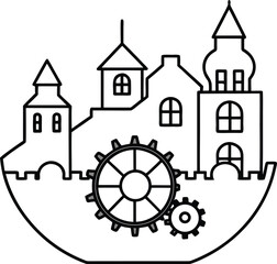 steampunk clockwork town coloring page vector illustration on transparent background