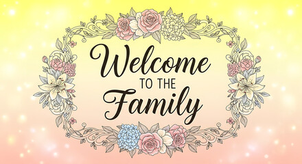 Fototapeta premium Welcome message with floral wreath displayed on a soft yellow and pink gradient, creating a warm and inviting feeling for new family members.