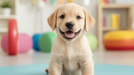 Adorable Puppy Engaging with Spinning Toy Merry-Go-Round Demonstrating Playful Joy in Pet Celebration Scene