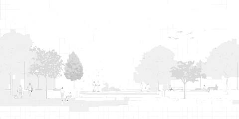 Minimalist sketch of people enjoying a park with trees and birds in flight