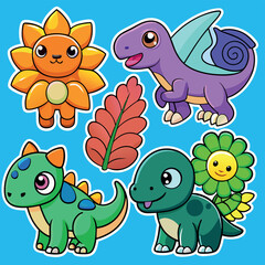 Naklejka premium Cute cartoon dinosaur characters and sunflowers for children's designs