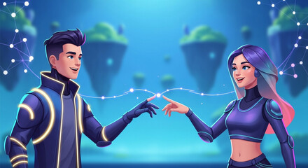 A futuristic couple reaching out to each other in a digital world, with floating islands and glowing connections, symbolizing modern love and technology