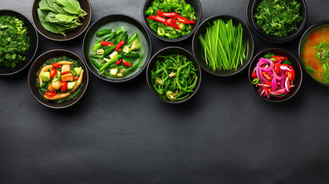 An aerial view showcases bowls of vibrant herbs and vegetables arranged against a dark backdrop, suggesting fresh ingredients perfect for culinary creativity. - Powered by Adobe