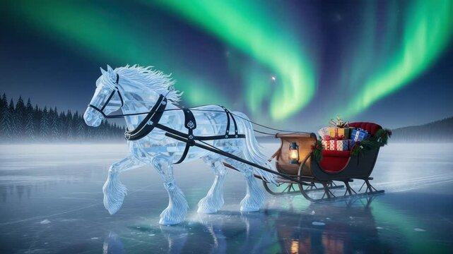 Sleigh ride beneath the aurora with an ice horse pulling a sleigh, transporting gifts over frozen ground. Magical sleigh ride scene evokes Christmas, with snow and winter landscape.