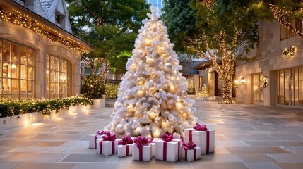 Elegant outdoor Christmas decoration with white tree, golden ornaments, and festive lights at a luxury venue.