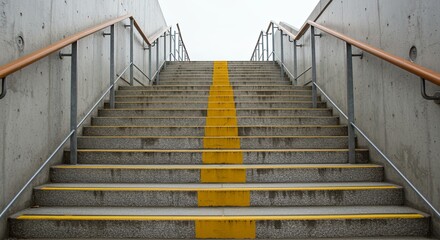 Fototapeta premium A wide yellow line provides a clear path up a minimalist concrete staircase. This powerful and graphic image symbolizes focus, guidance, a clear direction, and the way to success.