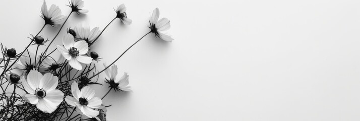 Elegant Arrangement of White Cosmos Flowers in Flat Lay Composition on Neutral Background