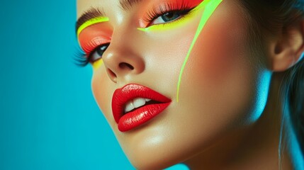 Portrait of a woman featuring vibrant eyeliner accents and smooth matte lipstick finish on her lips