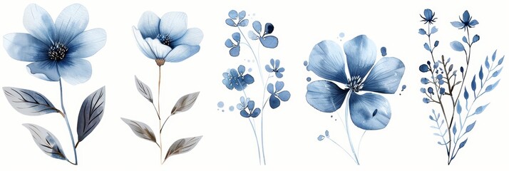 Collection of Vibrant Blue Flowers and Lush Plants in Watercolor Medium