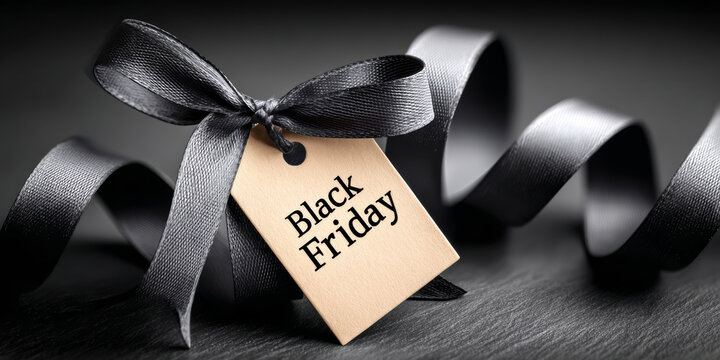 A black ribbon with a tag reading 'Black Friday' on a dark surface. The scene represents marketing and promotional events related to shopping discounts.