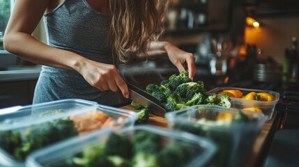 A woman cuts fresh broccoli in the kitchen next to containers of vegetables and fruit, useful for articles on healthy eating and cooking blogs.