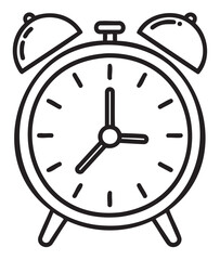Black outline illustration of a classic round alarm clock with two bells on top and a minimalistic design.