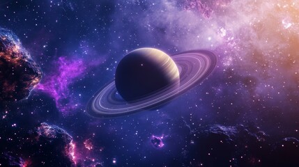 Mysterious Alien Planet with Vibrant Purple Rings Orbiting in Vast Cosmic Space