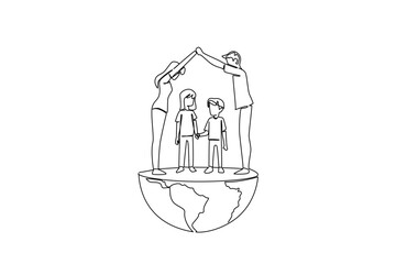 Single one line drawing parent holds hands to form roof of home with children stands in the middle. A friendly land for a family. Global Day of Parents. Continuous line design graphic illustration