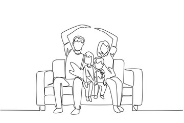 Single continuous line drawing a family sitting on sofa, the hands of parent forms the roof of the house. Concept of parents as protectors. Global Day of Parents. One line design vector illustration