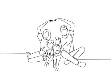Single one line drawing a family sitting on the floor, the hands of parent forms the roof of the house. The warmth of a family. Global Day of Parents. Continuous line design graphic illustration