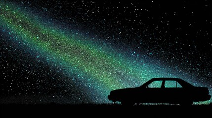 Silhouette car under a vibrant starry night sky for conceptual imagery
