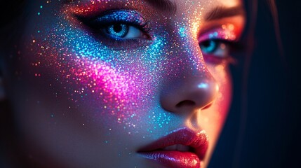 A woman with glitter on her face, bright makeup, and radiance: an atmosphere of celebration, creativity, and self-expression. Used in materials about fashion, beauty, festivals, art projects 