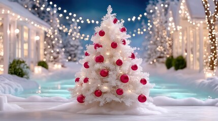 White Christmas Tree with Red Ornaments in a Snowy Winter Wonderland