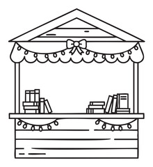 Black outline of a simple bookshop stall with books arranged on shelves and decorative lights below the canopy.