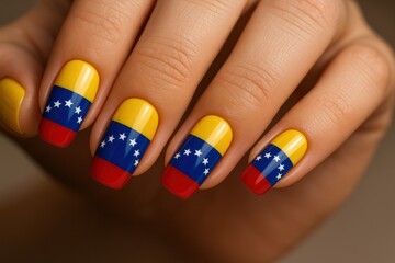 Woman’s hand with Venezuelan flag nail art in yellow, blue, red stripes and stars. Patriotic manicure concept for national celebrations, sports events, and cultural pride.