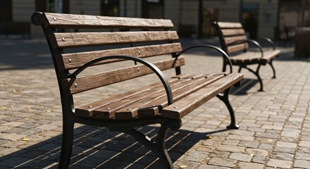 Perspective view of empty park benches on a cobblestone plaza under the bright sun. The long shadows and repeating forms create a tranquil scene, symbolizing a quiet moment, rest, or waiting.