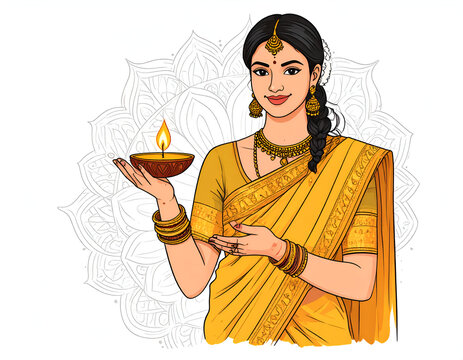 Indian woman in yellow saree holding a diya lamp for Diwali celebration.