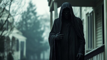 Mysterious Cloaked Figure Standing Silently on Wooden School Porch at Evening