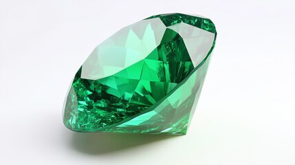 Single vibrant green emerald gemstone cut and faceted isolated against pure white background for product showcase