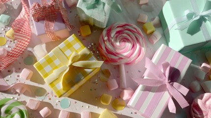 Colorful pastel gift boxes, candy and marshmallows creating festive sweet holiday atmosphere on bright background