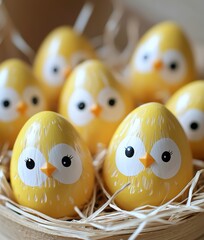 Cute yellow painted wooden Easter eggs with white chick faces and black eyes inside open shells