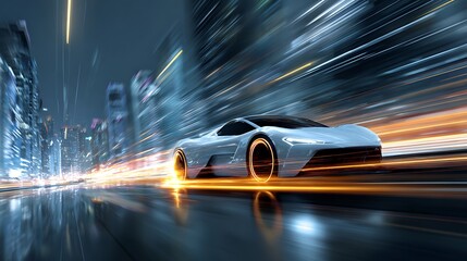 Nice photo of futuristic car speeding through a city at night with motion blur effect.