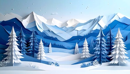Winter Landscape Illustration of Mountains and Snowy Pine Trees in a Paper Cut Style